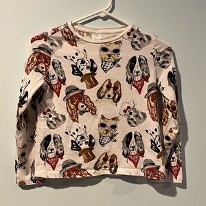Zara Kids White Dog Print T-Shirt Long Sleeve Crewneck 100% Cotton, Size 11-12